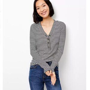 Loft Black and White Shimmer Stripe Ribbed Henley Top - Size XL